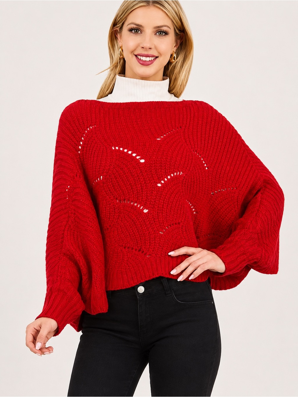 Sweater Poncho w/Sleeves in Red